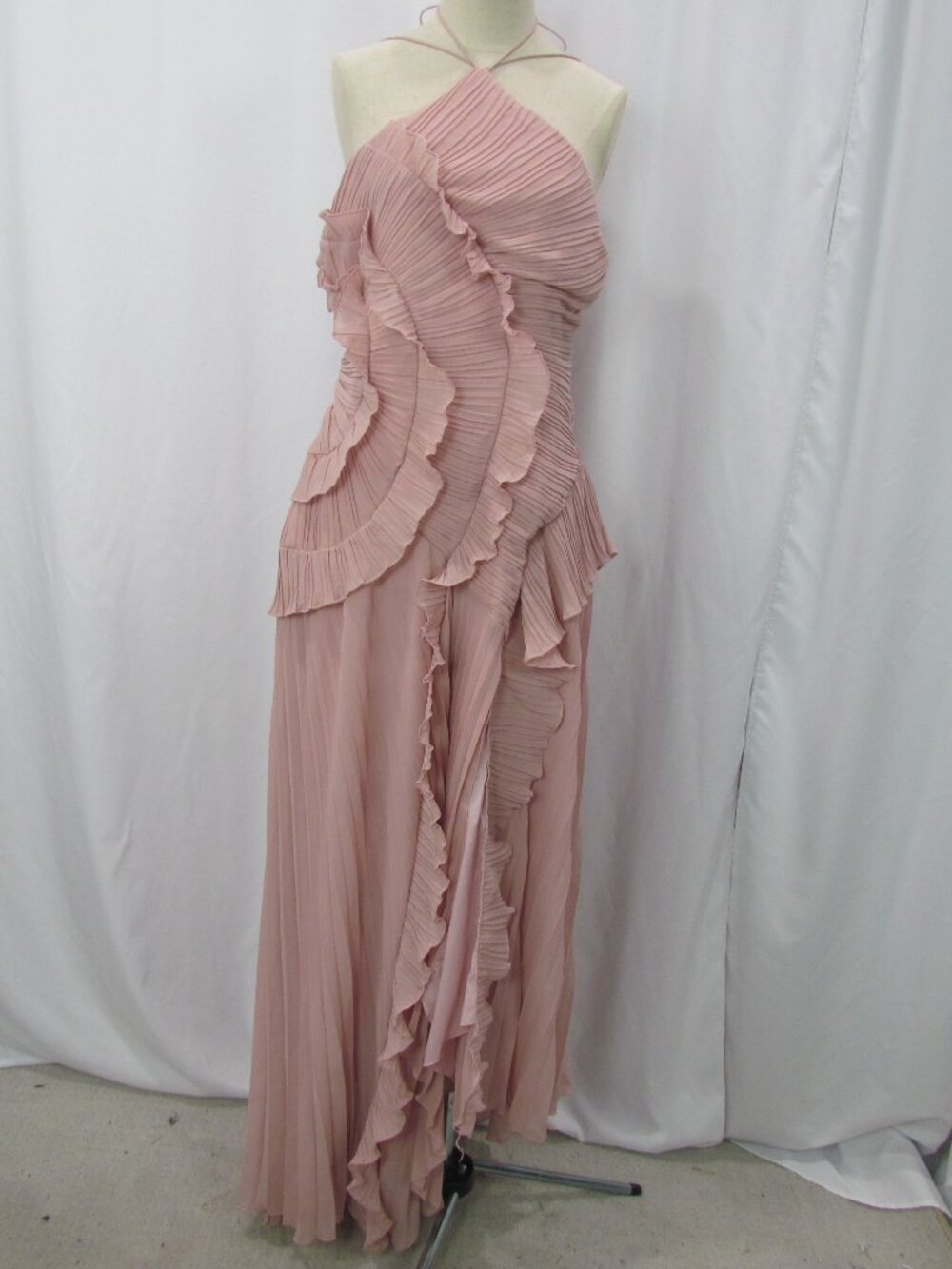 Mauve blush halter neck ruffle & pleats dress, ?M, front slit, side zipper